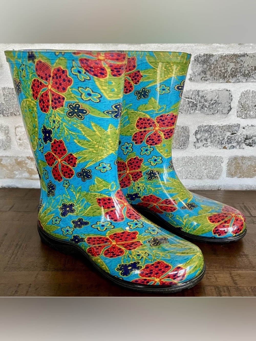Sloggers Midsummer Blue Floral Rain & Garden Boots Women's Size 10 Utility Chic